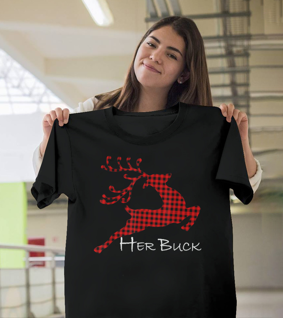 Her Buck Red Plaid Reindeer Couples Matching T-Shirt
