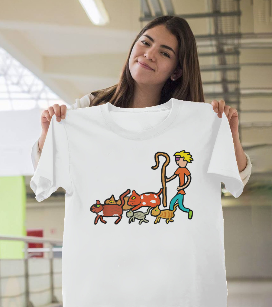 Herding Cats Cartoon Shepherd With Colorful Cats Scene T-Shirt