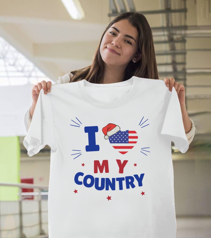 I Love My Country Heart Flag Santa Hat Patriotic Merry Christmas T-Shirt