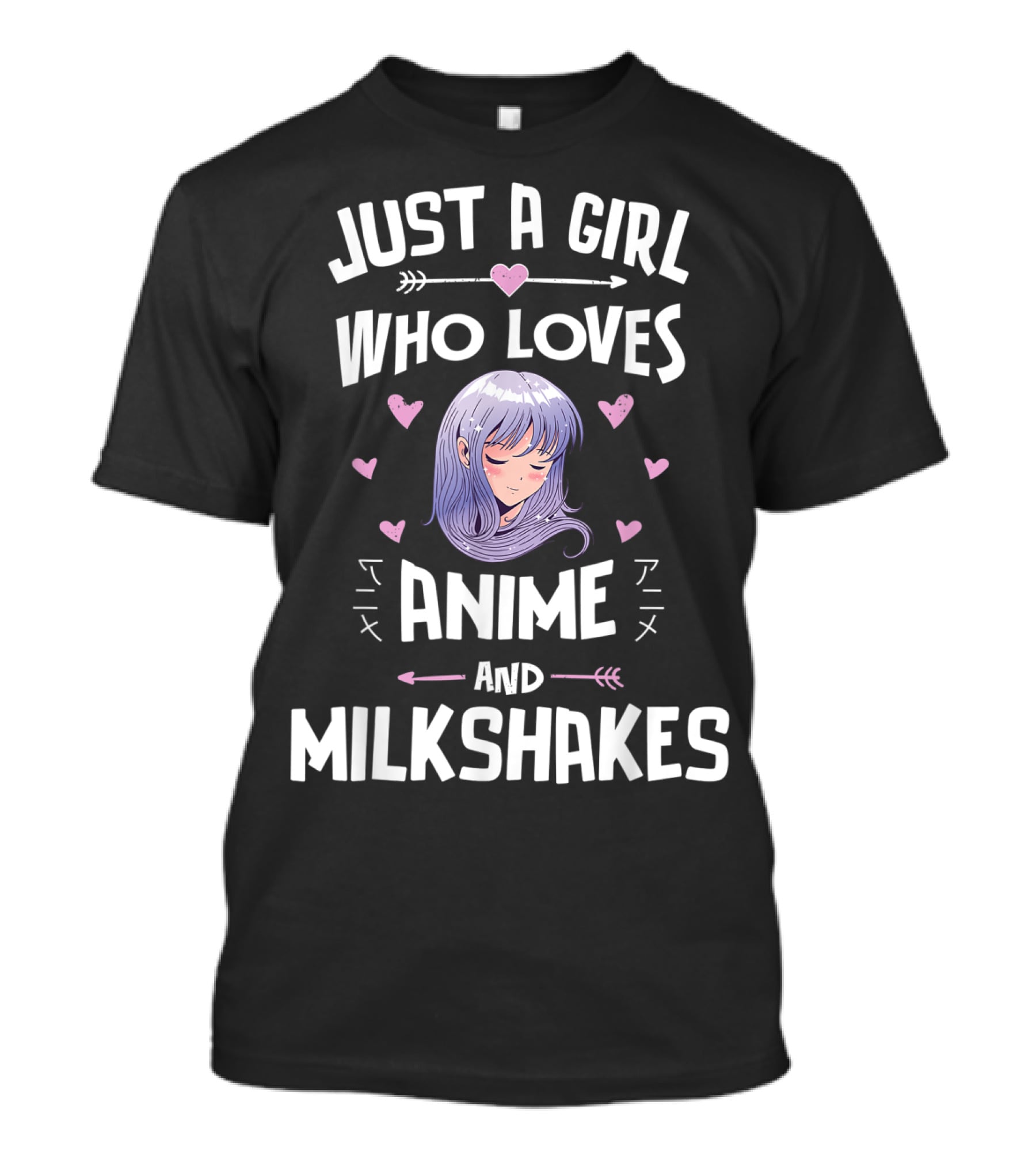 Just A Girl Who Loves Anime And Milkshakes With Purple Hair And Hearts T-Shirt