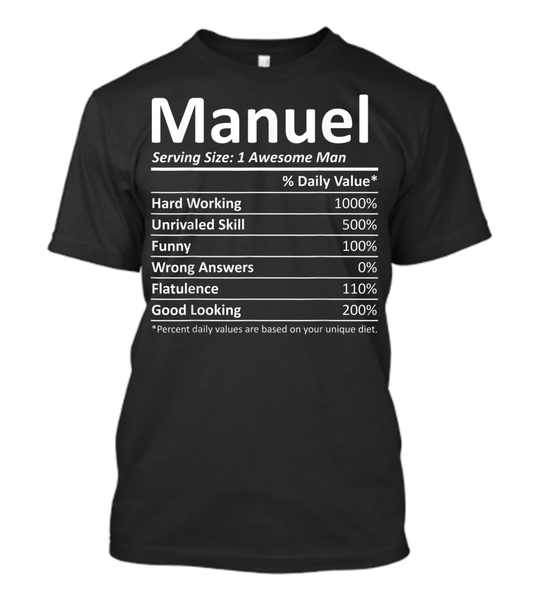 Manuel Nutrition Facts Serving Size 1 Awesome Man Hard Working Unrivaled Skill Funny Good Looking Flatulence T-Shirt