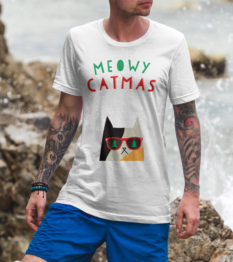 Meowy Catmas Christmas Calico Cat With Sunglasses And Trees T-Shirt
