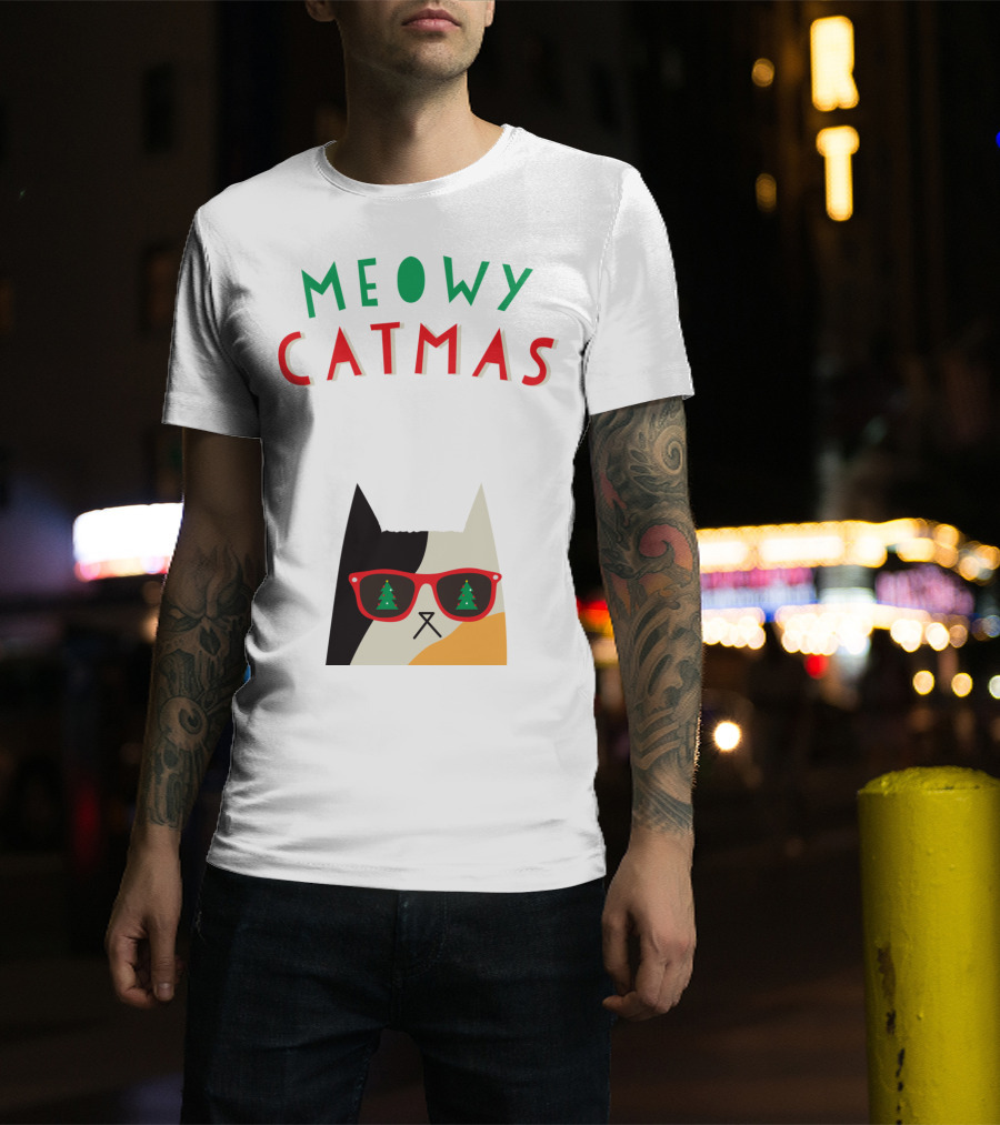 Meowy Catmas Christmas Calico Cat With Sunglasses And Trees T-Shirt