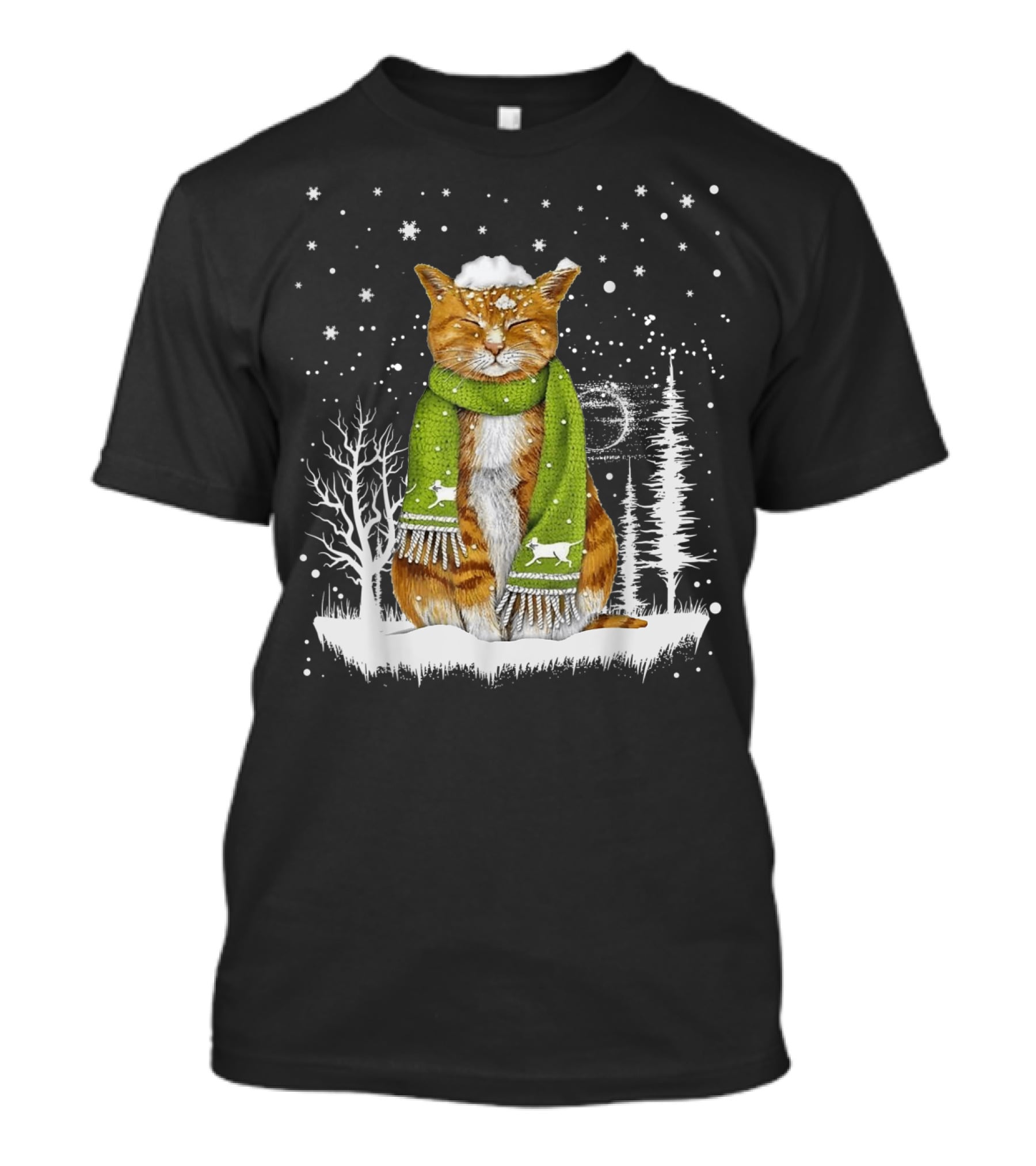 Meowy Xmas Christmas Cats In Snow With Green Scarf And Reindeer T-Shirt