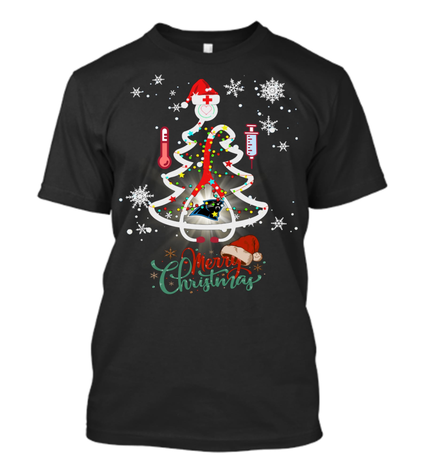 Merry Christmas Carolina Panthers Nurse Football Tree T-Shirt