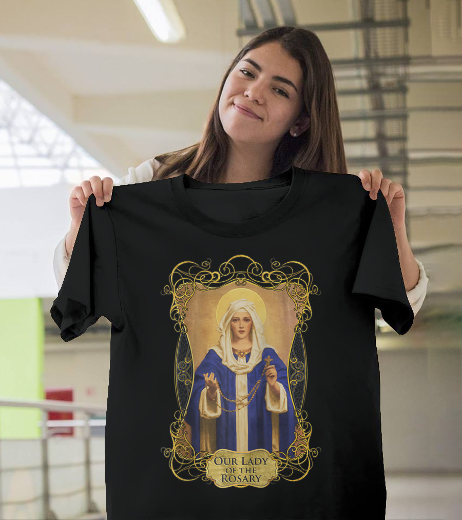Our Lady Of The Rosary Catholic Prayer Blessed Virgin Mary Icon With Rosary Beads And Cross T-Shirt