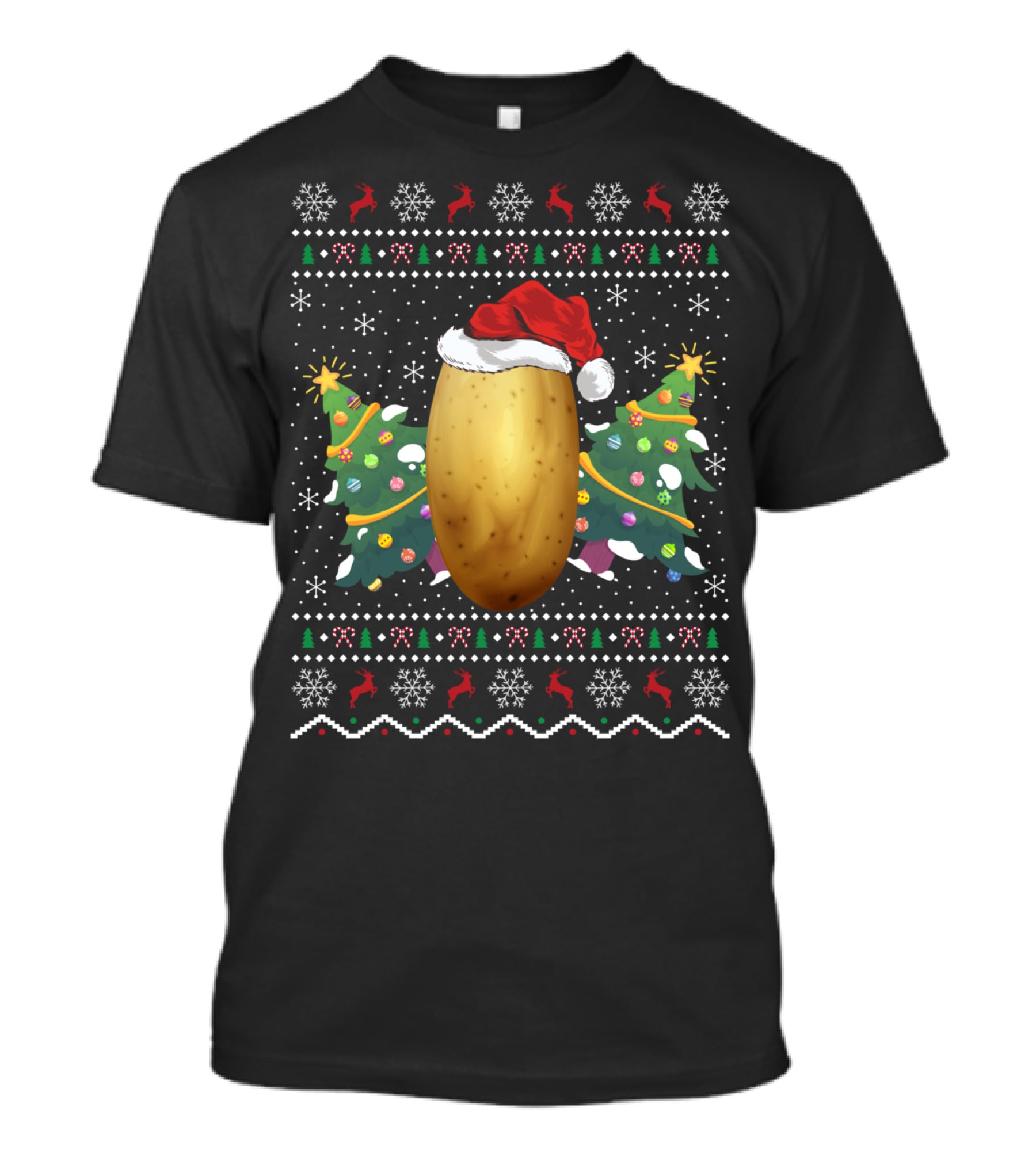 Potato Lover Christmas Ugly Sweater Santa Hat Reindeer Snowflakes Christmas Tree T-Shirt