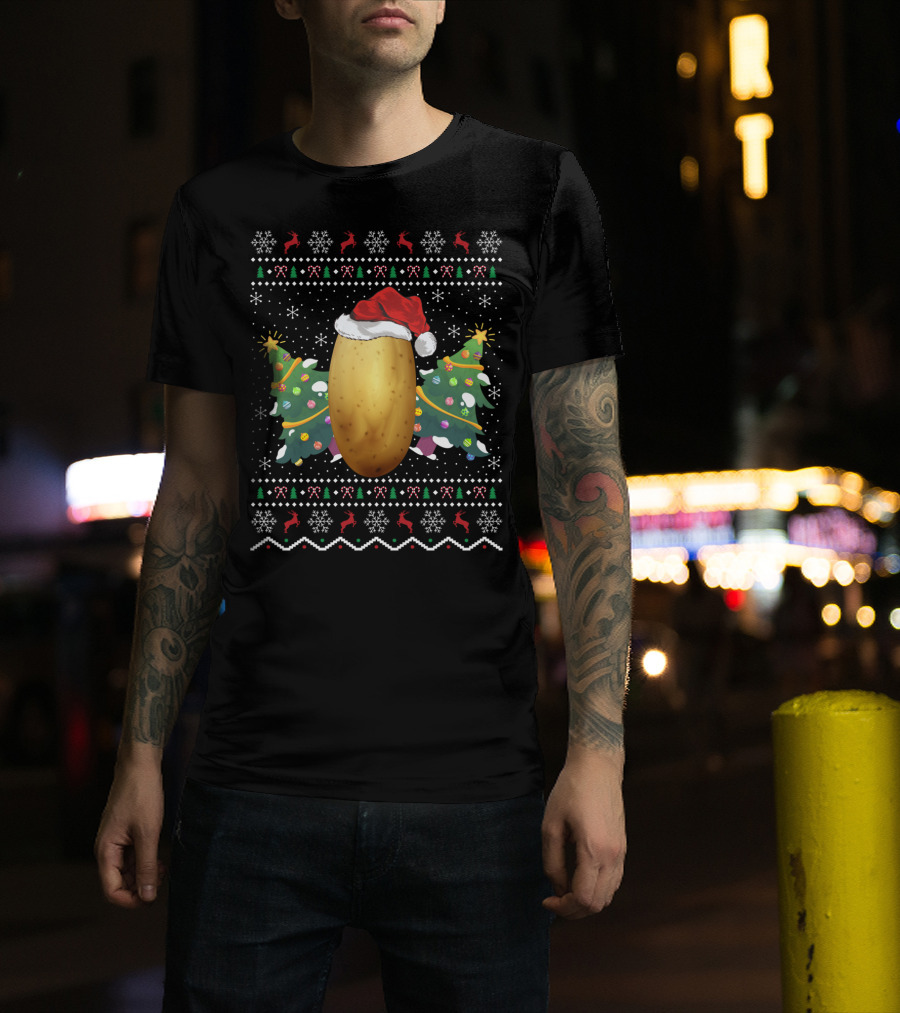 Potato Lover Christmas Ugly Sweater Santa Hat Reindeer Snowflakes Christmas Tree T-Shirt