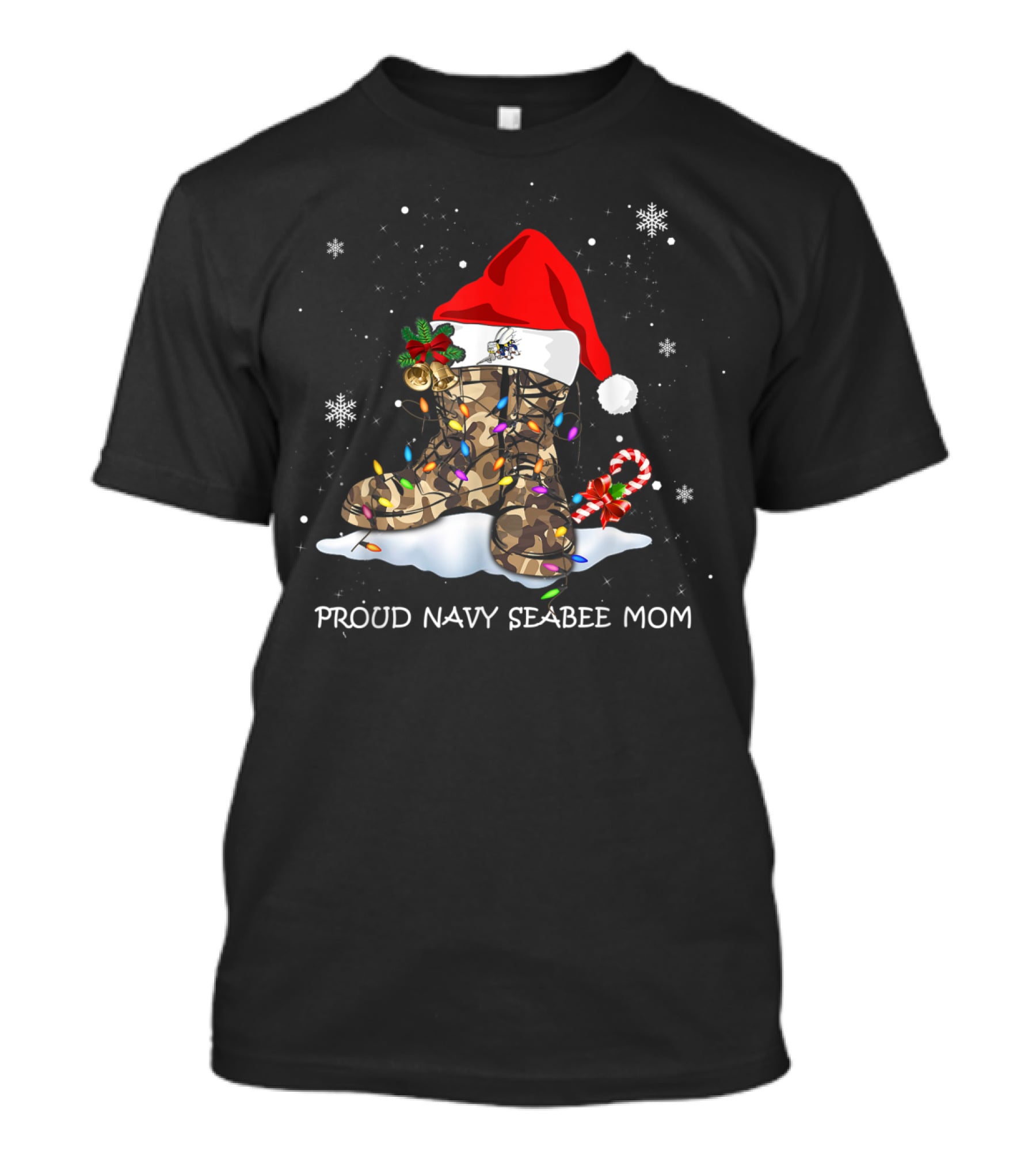 Proud Navy Seabee Mom Christmas Boots With Santa Hat And Candy Cane T-Shirt