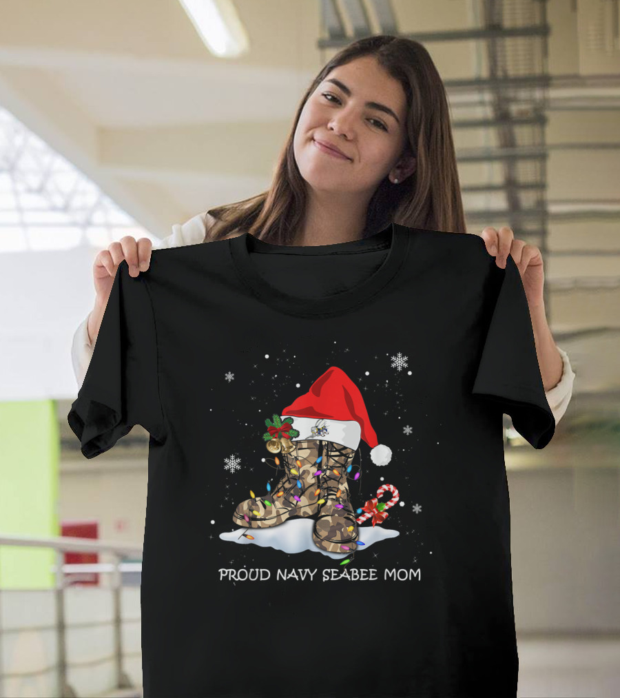 Proud Navy Seabee Mom Christmas Boots With Santa Hat And Candy Cane T-Shirt