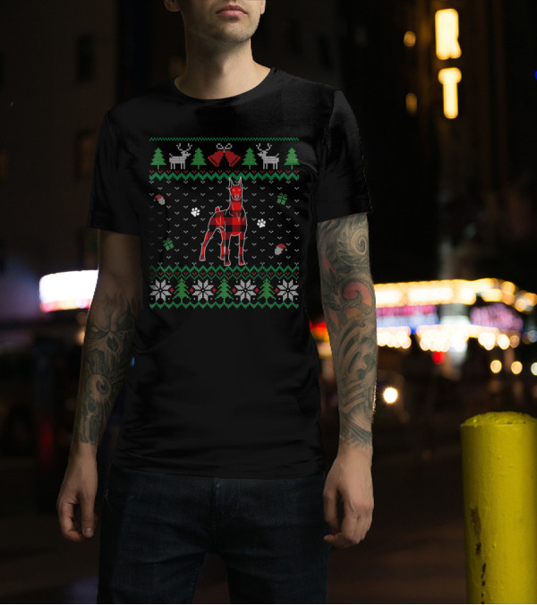 Red Plaid Doberman Dog Ugly Christmas T-Shirt