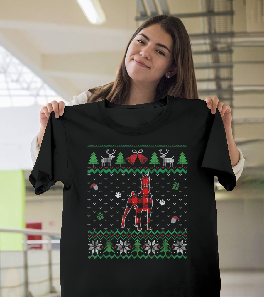 Red Plaid Doberman Dog Ugly Christmas T-Shirt