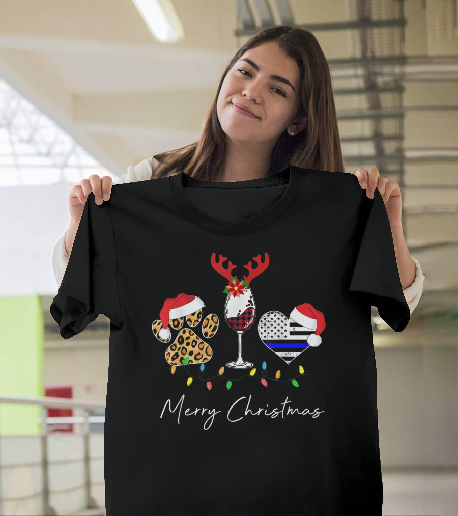 Red Plaid Wine Glass Leopard Dog Paw Blue Line Heart Merry Christmas T-Shirt