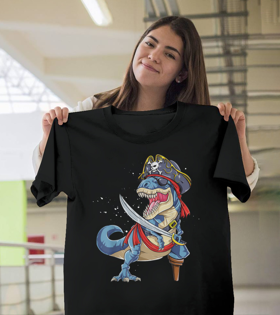 Halloween T-Rex Dinosaur Pirate with Jolly Roger Skull T-Shirt