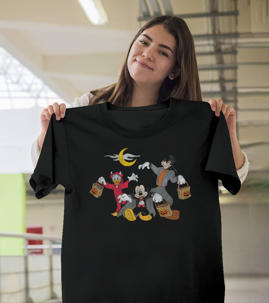 Disney Mickey Goofy Donald Halloween Trick-or-Treat Squad Moon Night T-Shirt