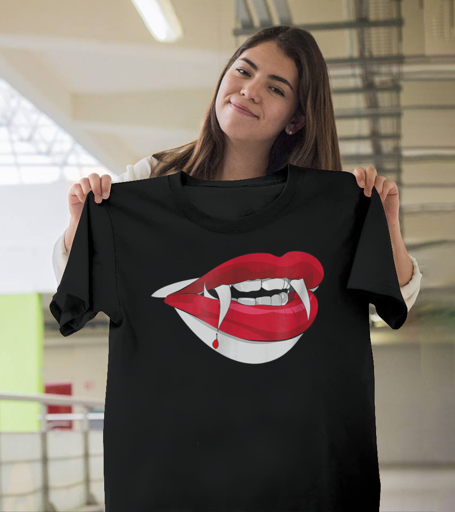 Dracula Vampire Red Lips with Fangs and Blood Drop T-Shirt