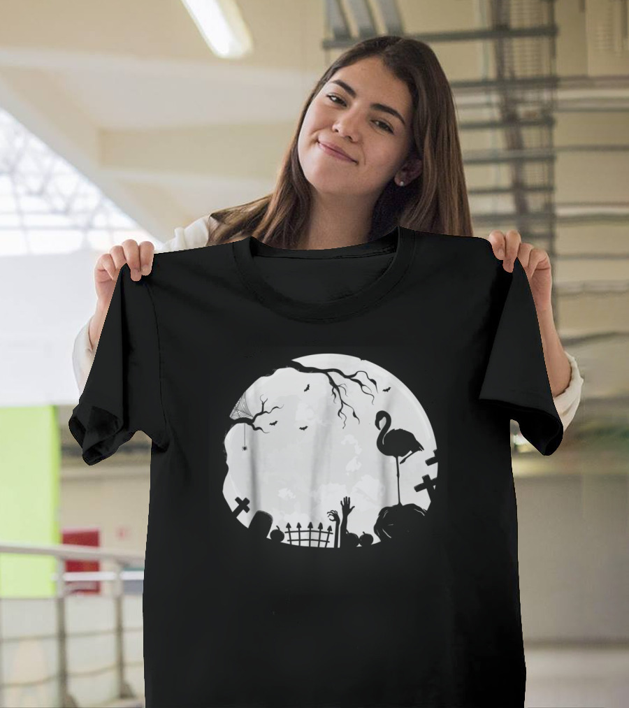 Flamingoween Spooky Halloween Night with Flamingo and Graveyard Scene T-Shirt