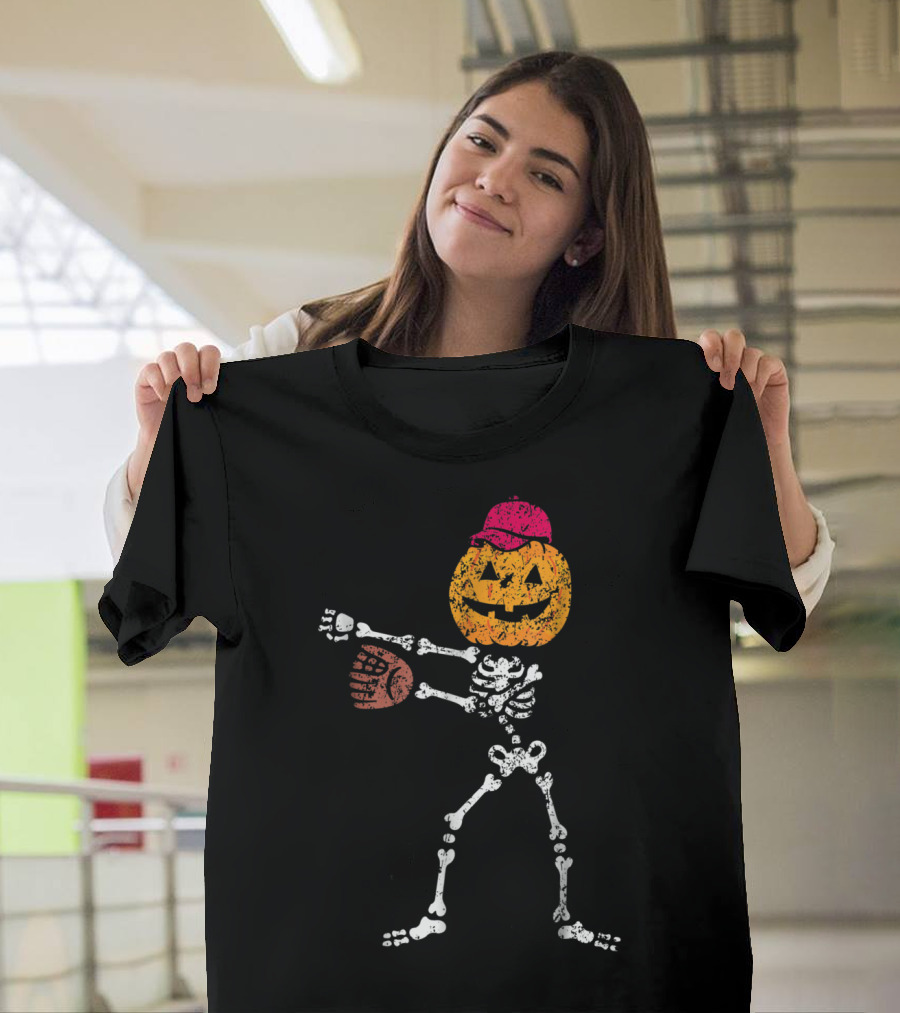 Floss Dance Dabbing Skeleton Pumpkin Head Baseball Halloween Trend T-Shirt