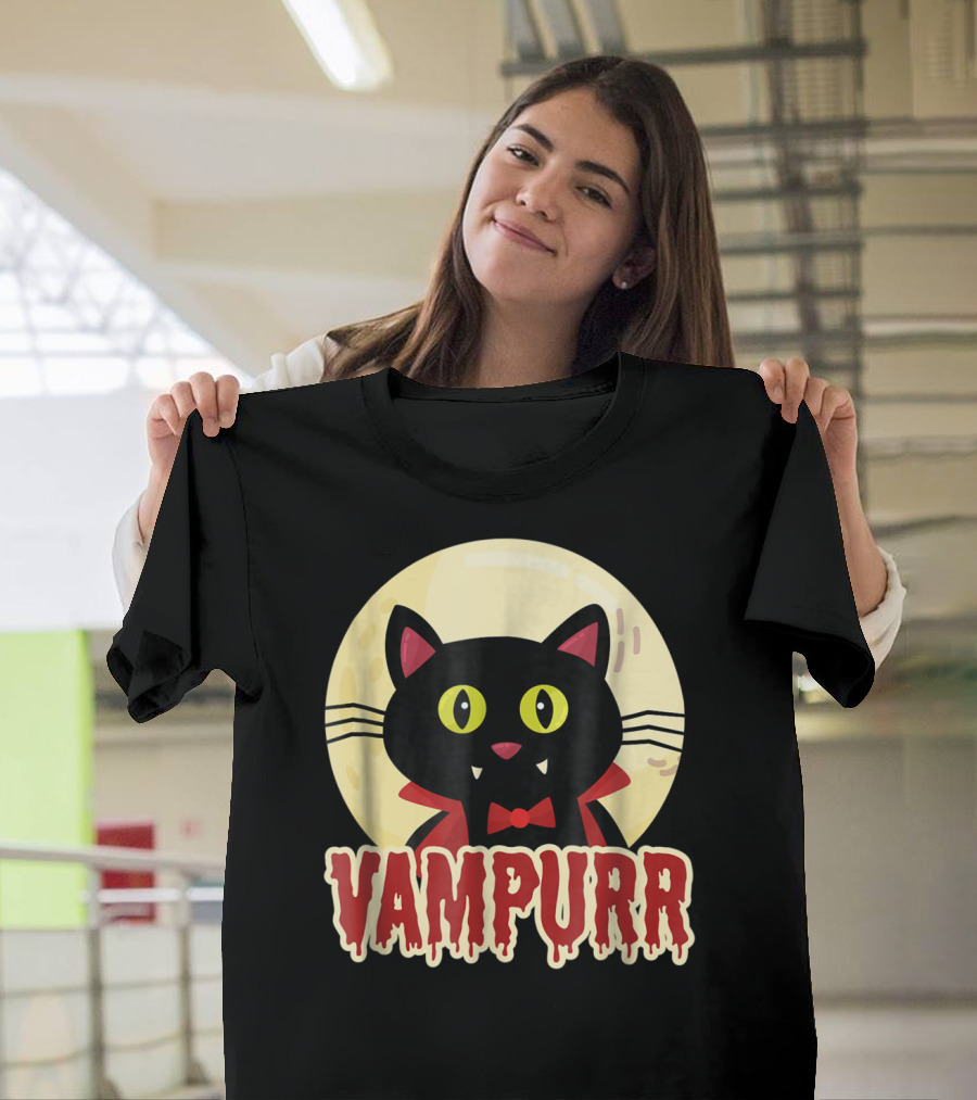 Vampurr Funny Halloween Black Cat Vampire T-Shirt