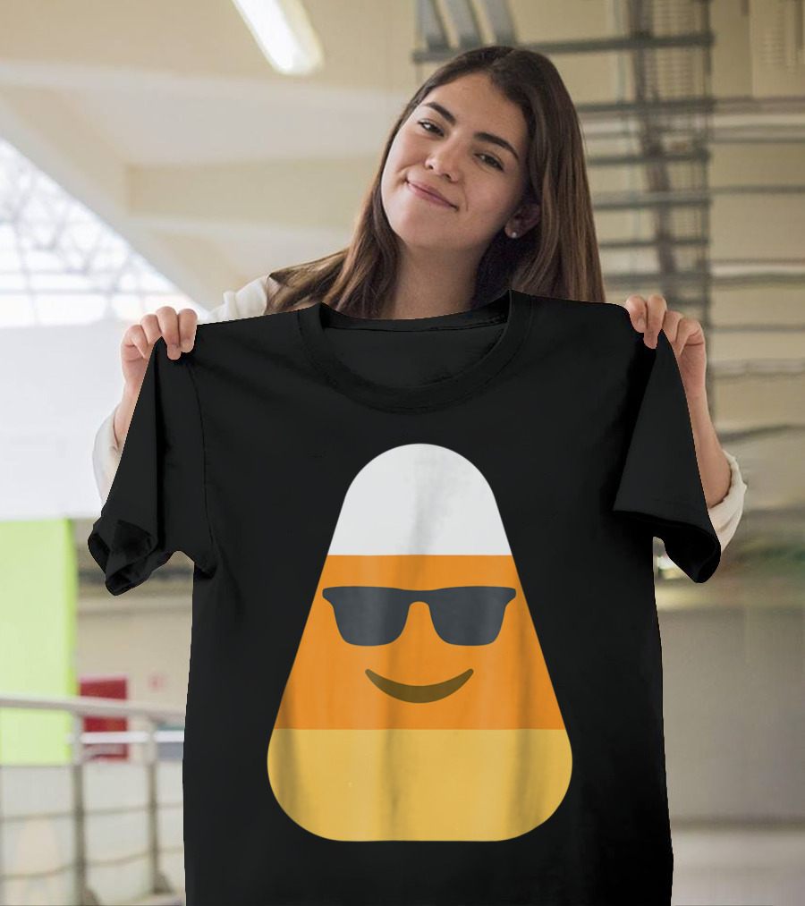 Funny Halloween Candy Corn with Cool Sunglasses Emoji T-Shirt