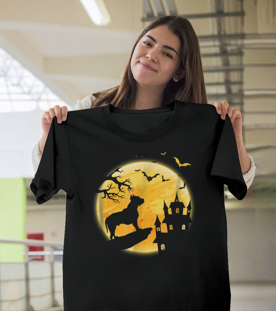 Pit Bull Halloween Moon Silhouette with Bats and Haunted Castle T-Shirt