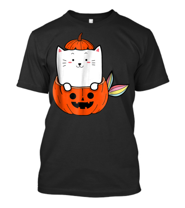 Funny Rainbow Cat Pumpkin Halloween Mermaid T-Shirt
