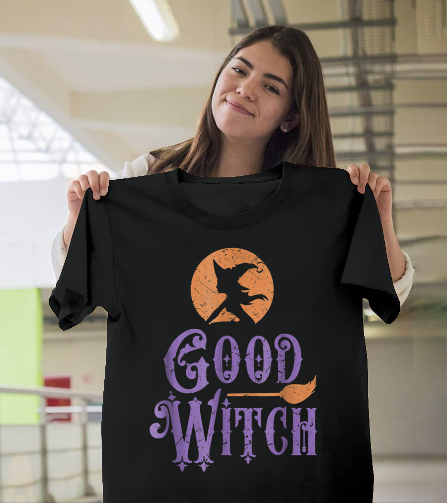 Good Witch Funny Scary Spooky Silhouette with Broom and Moon T-Shirt