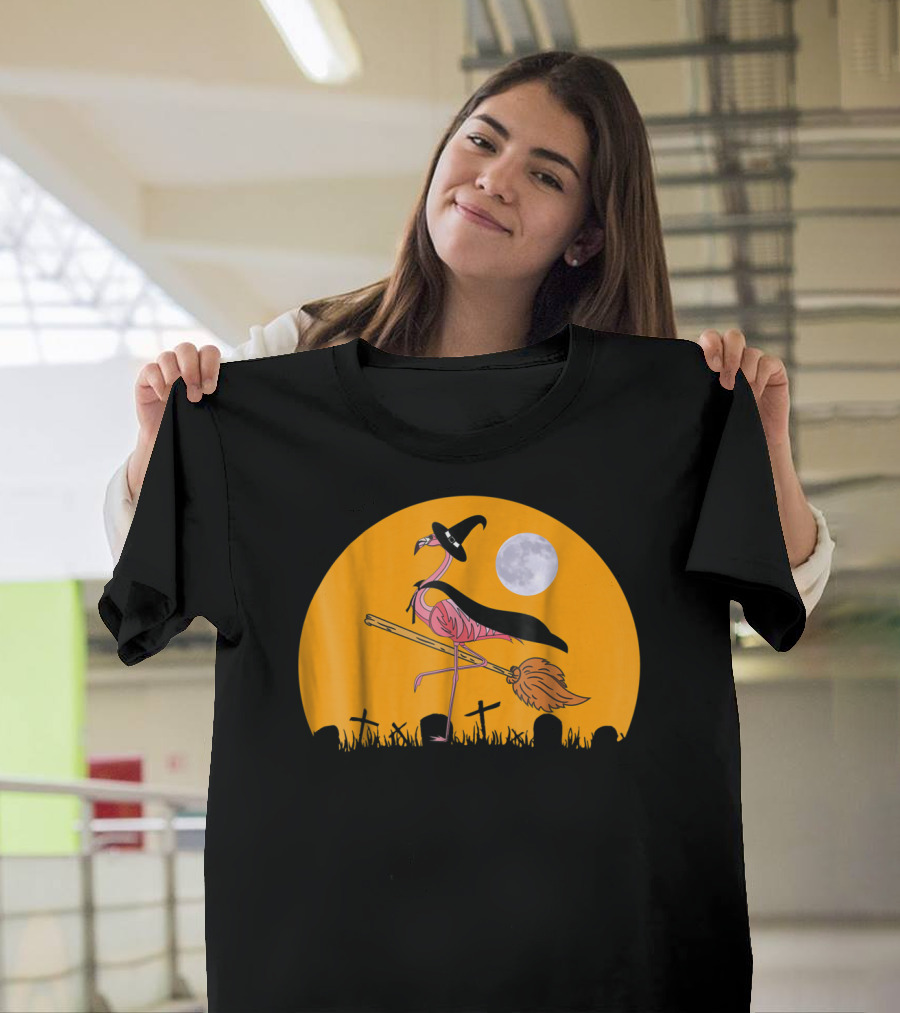 Funny Witch Flamingo Halloween Moon Graveyard Scene T-Shirt