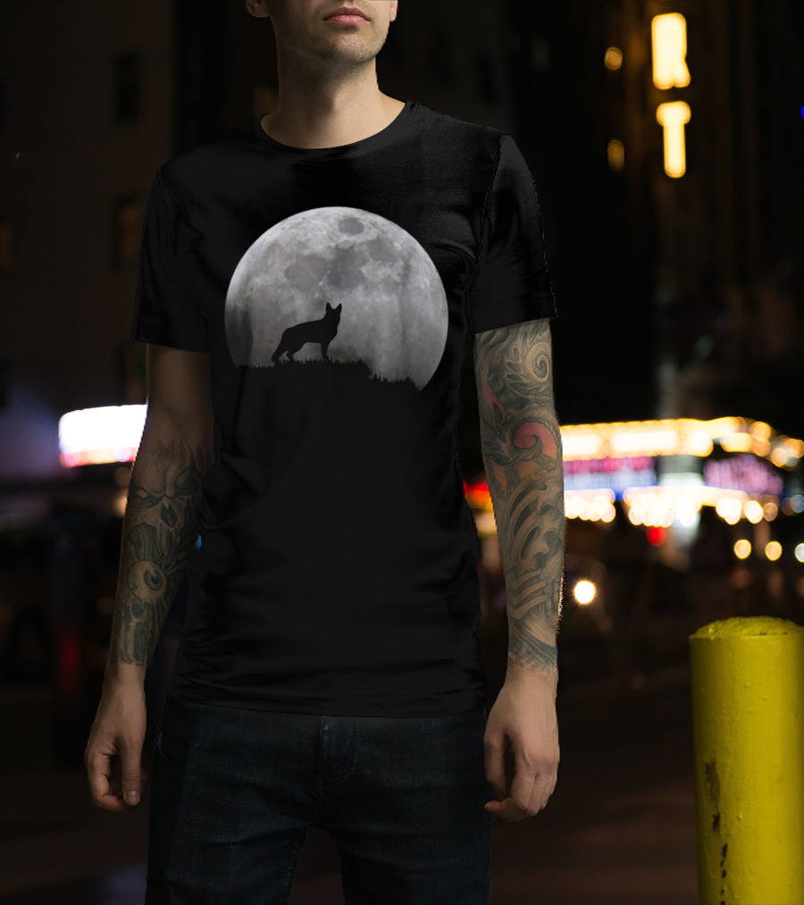 German Shepherd Silhouette Against Full Moon T-Shirt