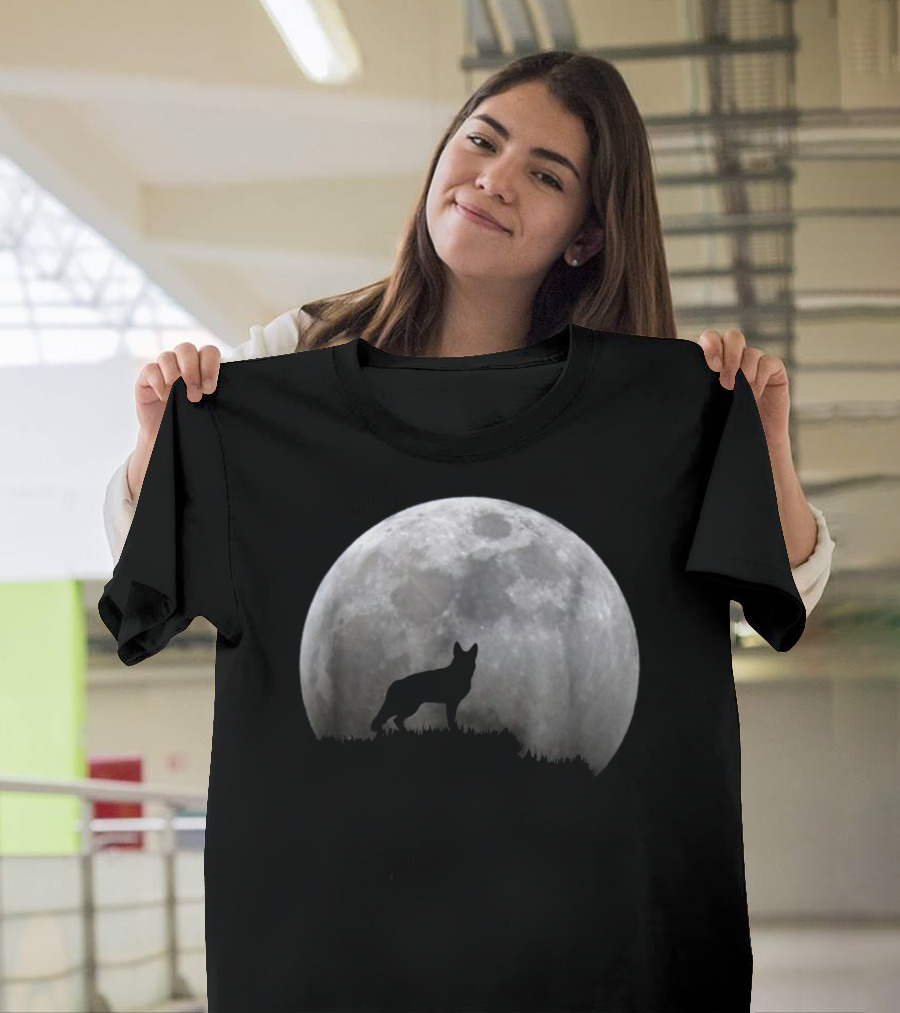 German Shepherd Silhouette Against Full Moon T-Shirt