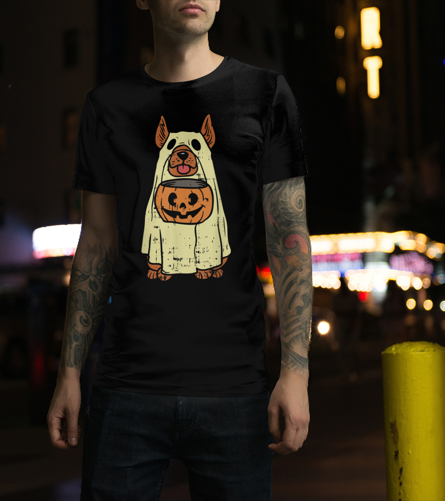 German Shepherd Halloween Ghost With Pumpkin Costume For Dog Owners T-Shirt