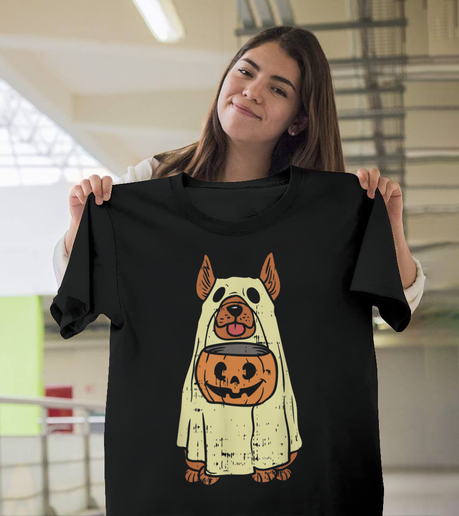 German Shepherd Halloween Ghost With Pumpkin Costume For Dog Owners T-Shirt