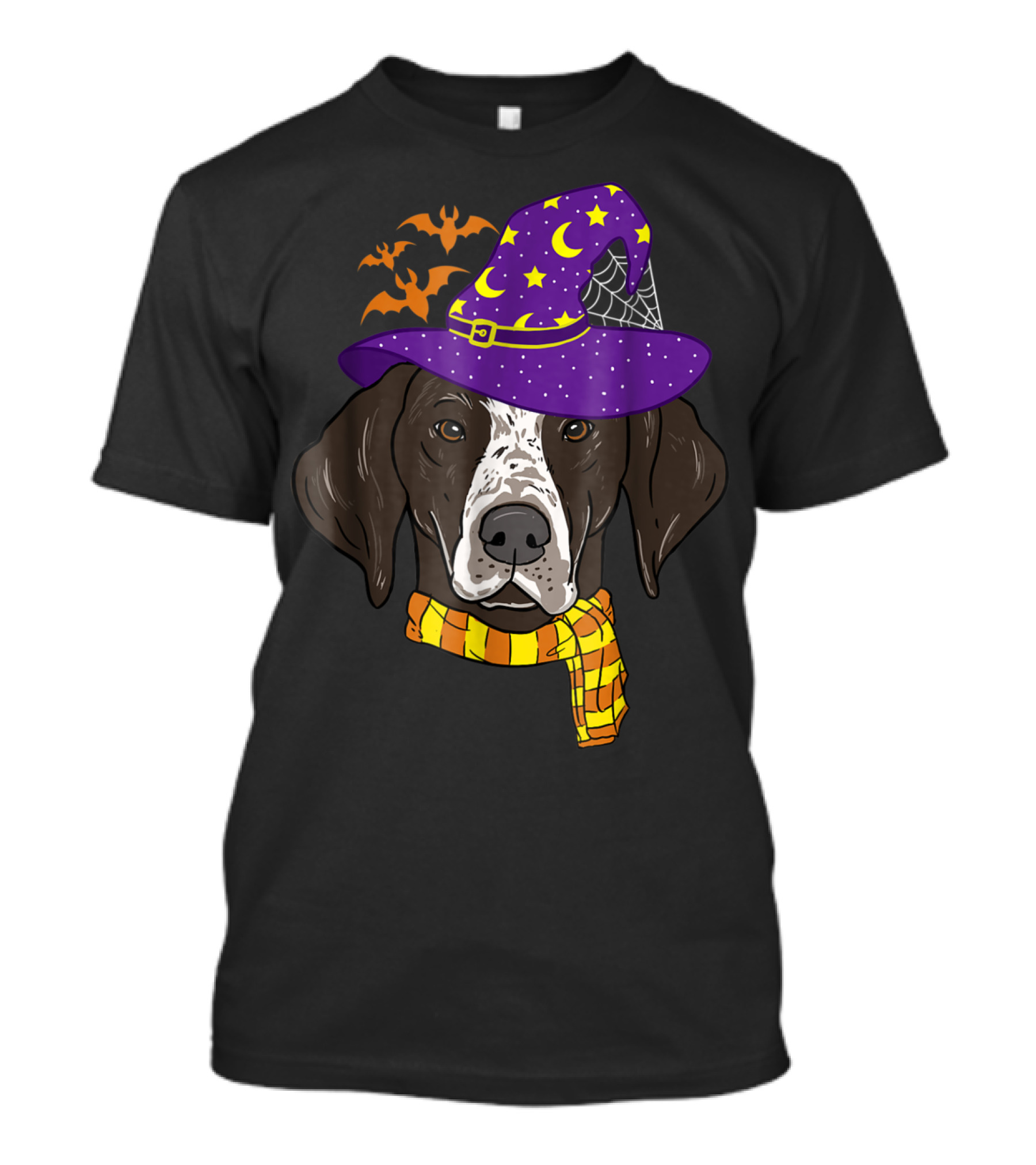 German Shorthaired Pointer In Witch Hat With Flying Bats And Moon Halloween T-Shirt