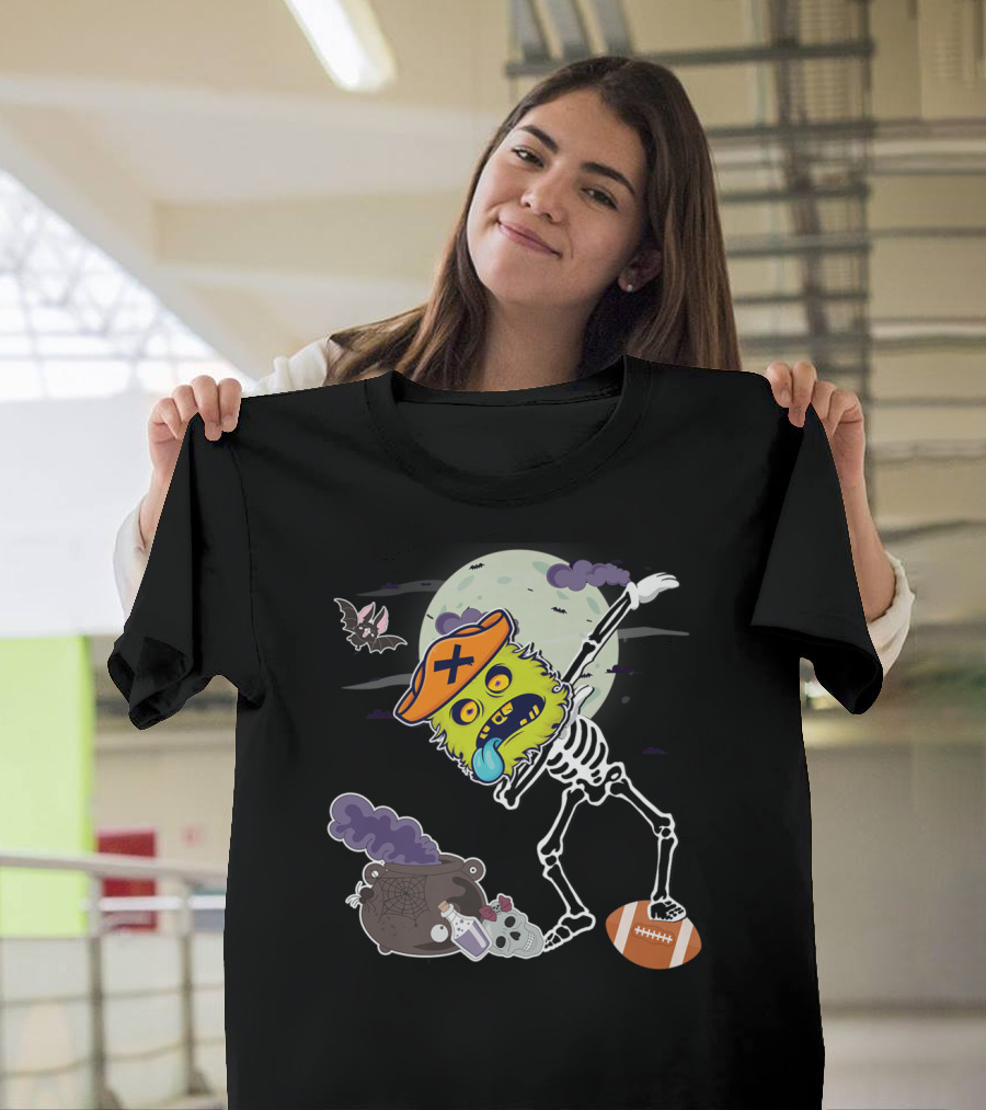 Dabbing Pirate Monster Skeleton with Football and Halloween Cauldron T-Shirt