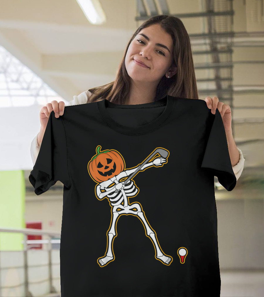 Pumpkin Head Skeleton Dabbing Golfer Halloween Golfing Fun T-Shirt
