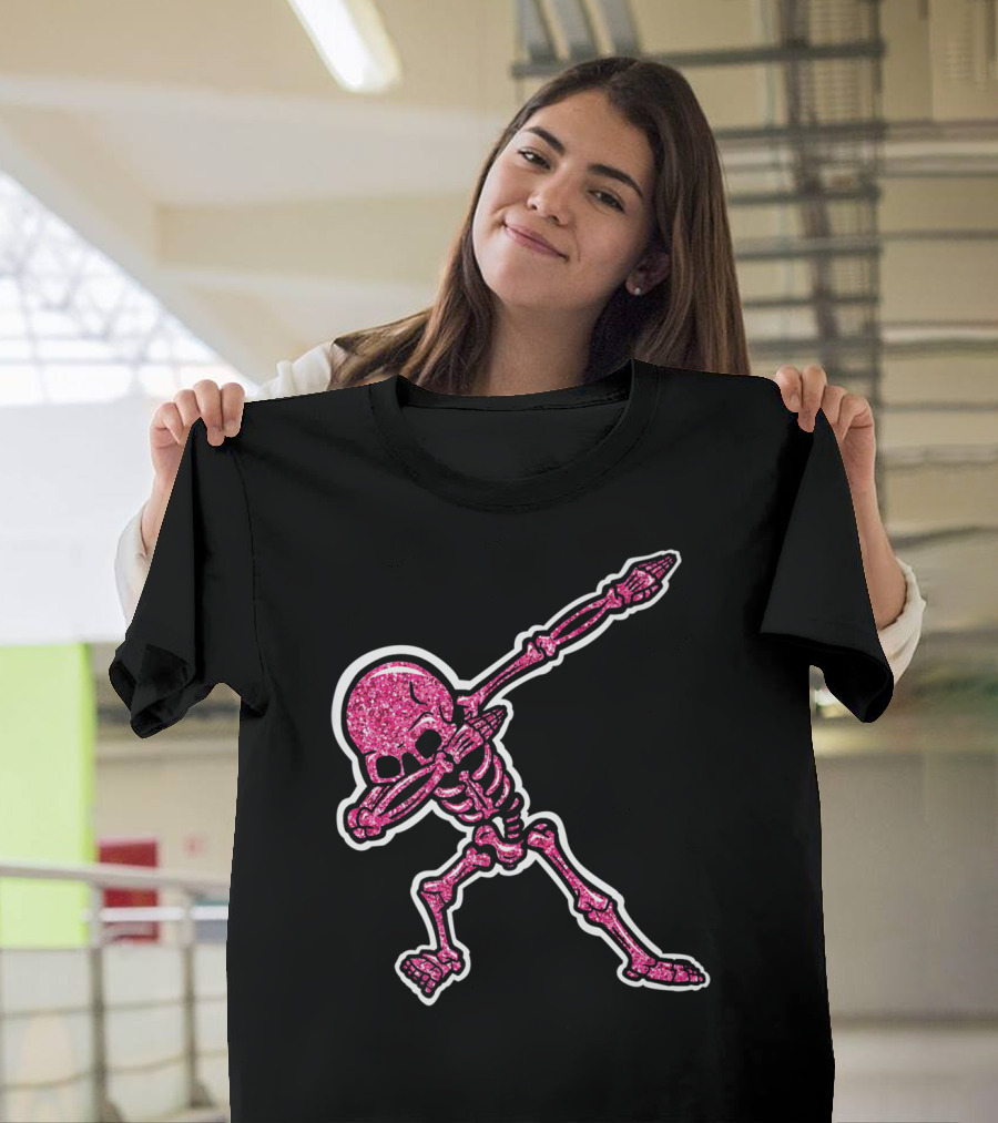 Hot Pink Glitter Dabbing Skeleton Halloween Hip Hop Dab T-Shirt
