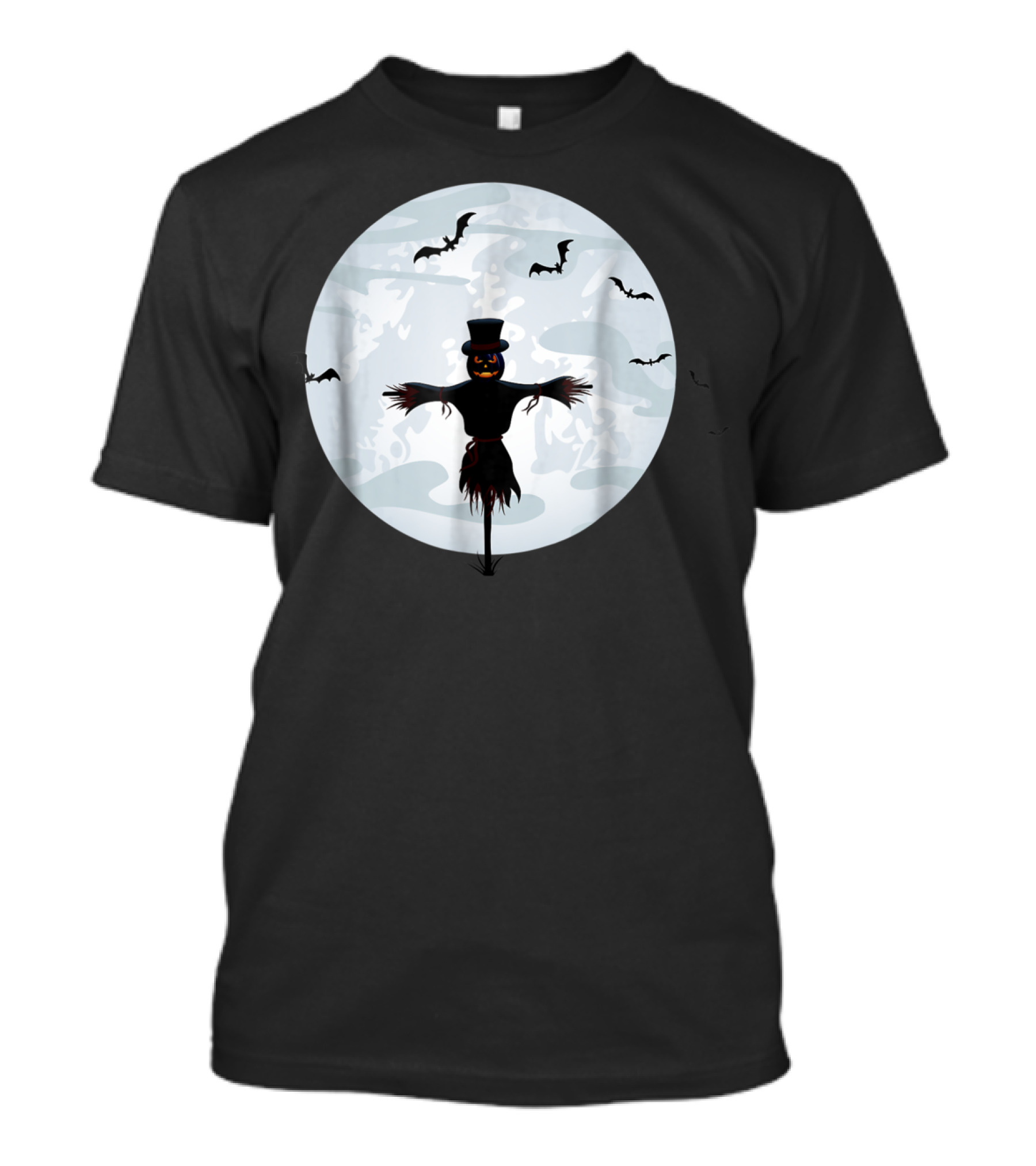 Halloween Full Moon Scarecrow With Bats And Clouds T-Shirt