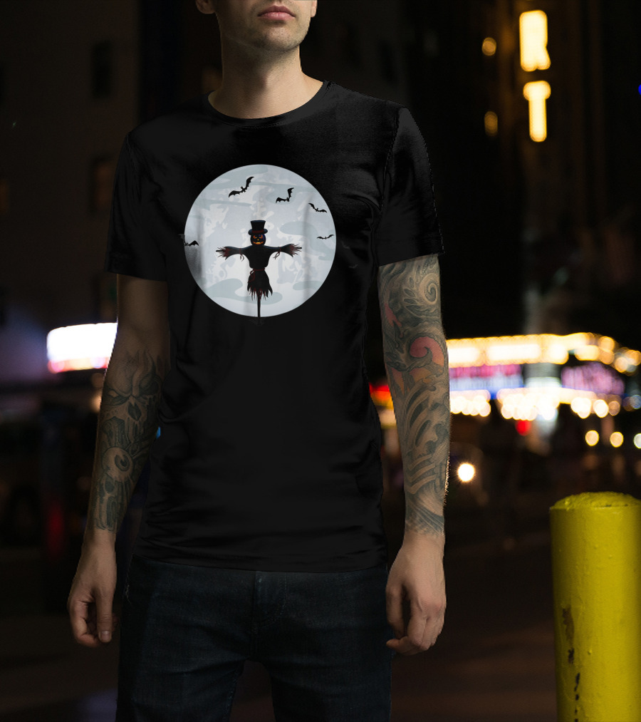 Halloween Full Moon Scarecrow With Bats And Clouds T-Shirt