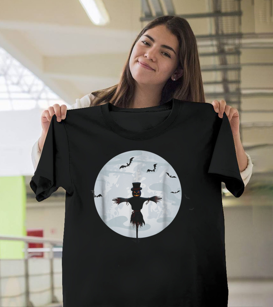 Halloween Full Moon Scarecrow With Bats And Clouds T-Shirt
