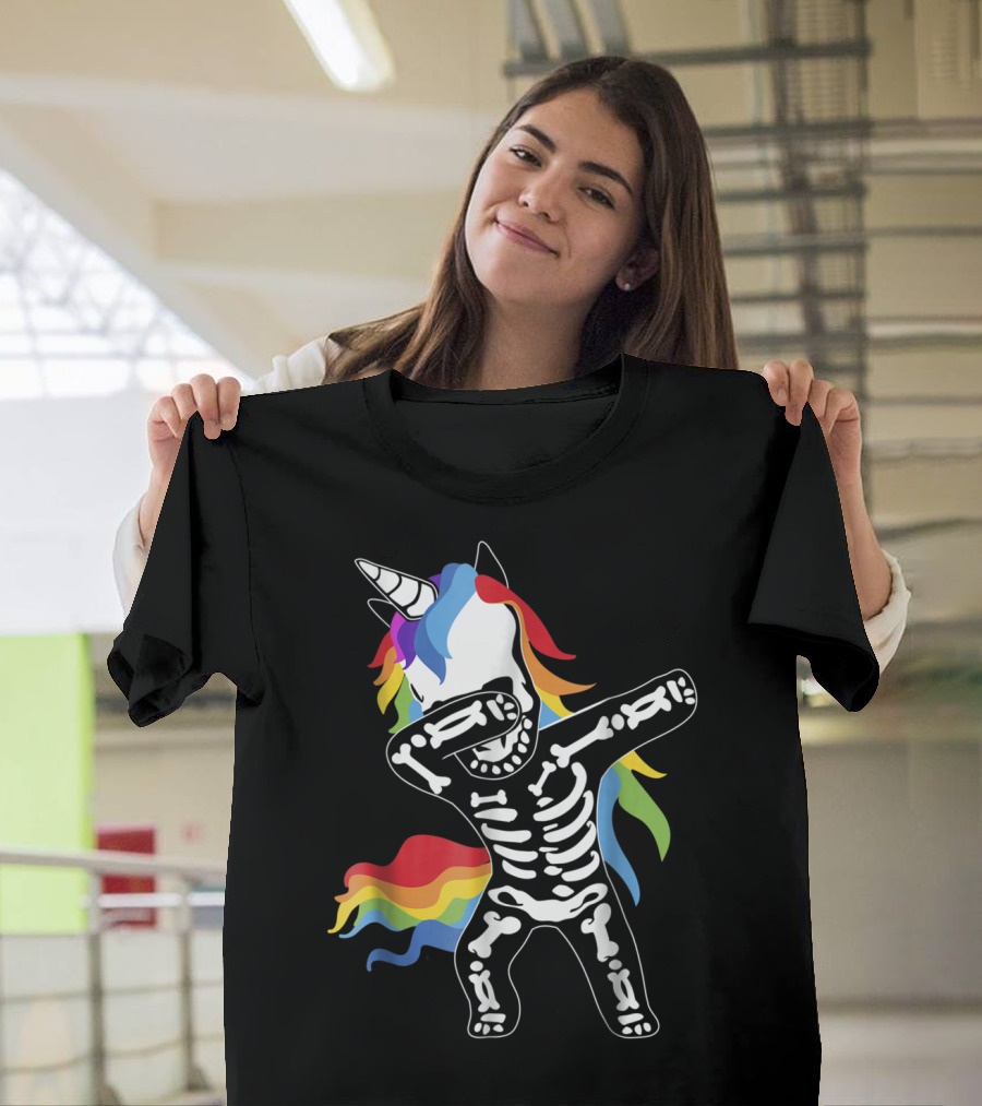Skeleton Dabbing Unicorn Rainbow Hair Halloween Funny Dab T-Shirt