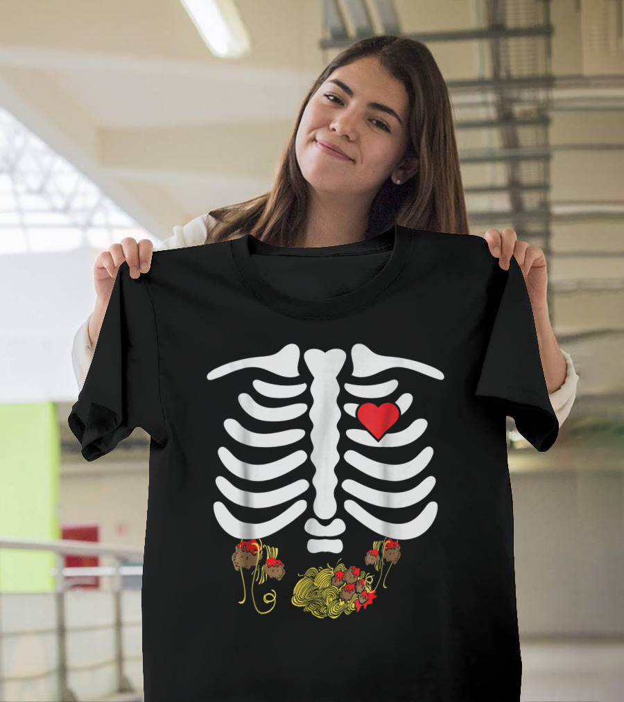 Halloween Skeleton Ribs with Heart and Spaghetti Meatballs Belly T-Shirt