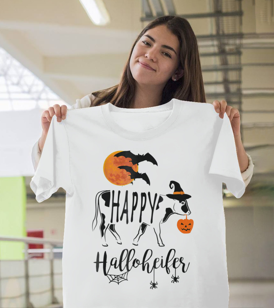 Happy Halloheifer Halloween Cow with Witch Hat and Pumpkin T-Shirt