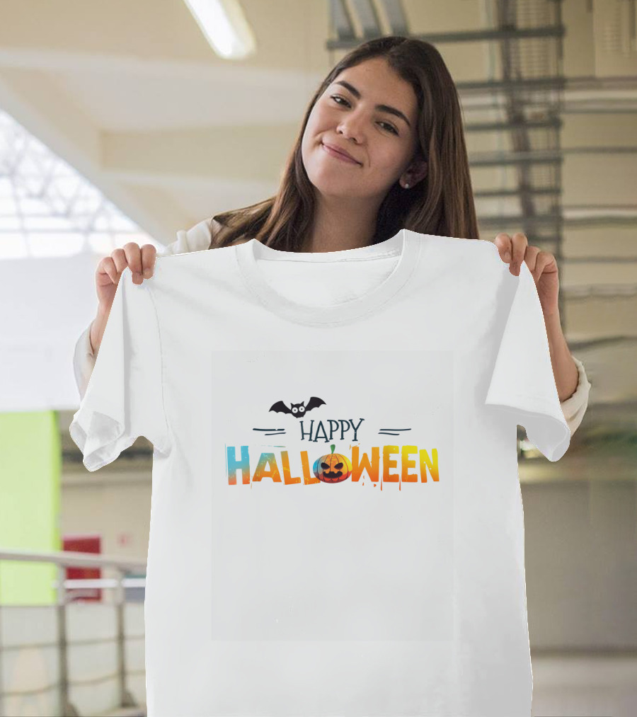 Happy Halloween Bat Pumpkin Text with Gradient Colors T-Shirt