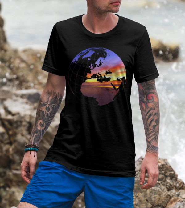 Beach Sunset Tropical Paradise View In A Globe Over World Map T-Shirt