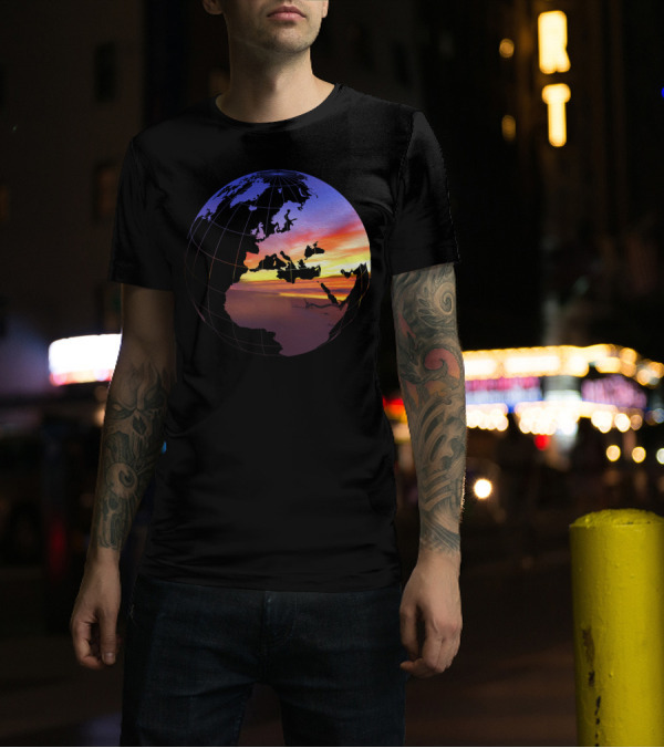 Beach Sunset Tropical Paradise View In A Globe Over World Map T-Shirt
