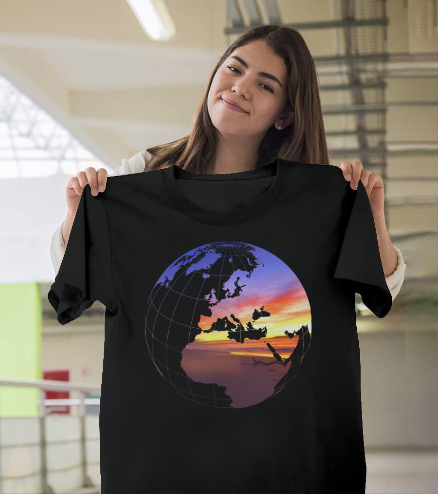 Beach Sunset Tropical Paradise View In A Globe Over World Map T-Shirt