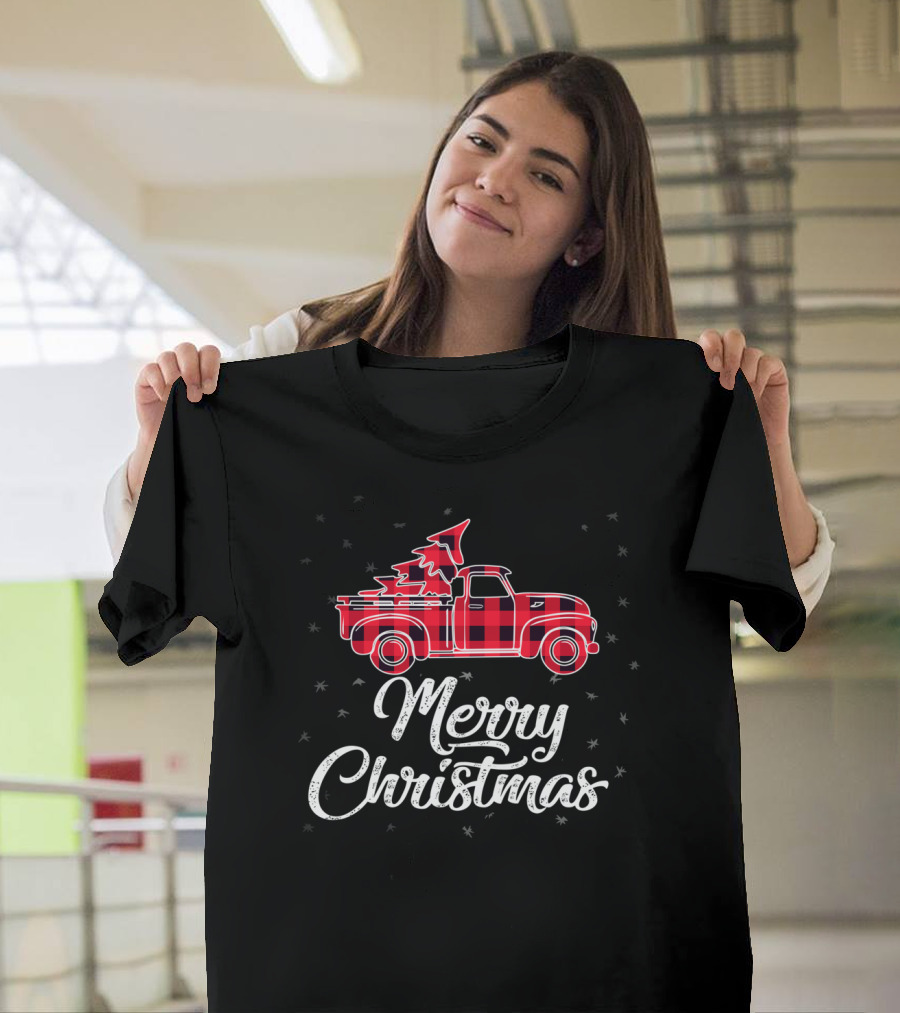 Merry Christmas Buffalo Plaid Red Truck with Tree T-Shirt