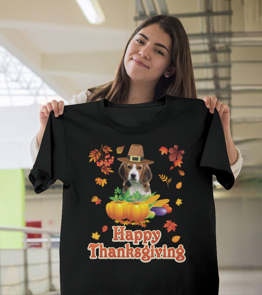 Happy Thanksgiving Beagle Dog with Harvest Festival Hat and Pumpkins T-Shirt