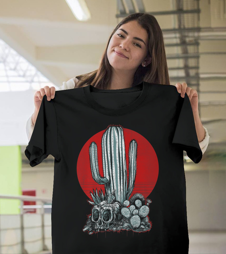 Skull and Cactus with Red Sunset Background T-Shirt