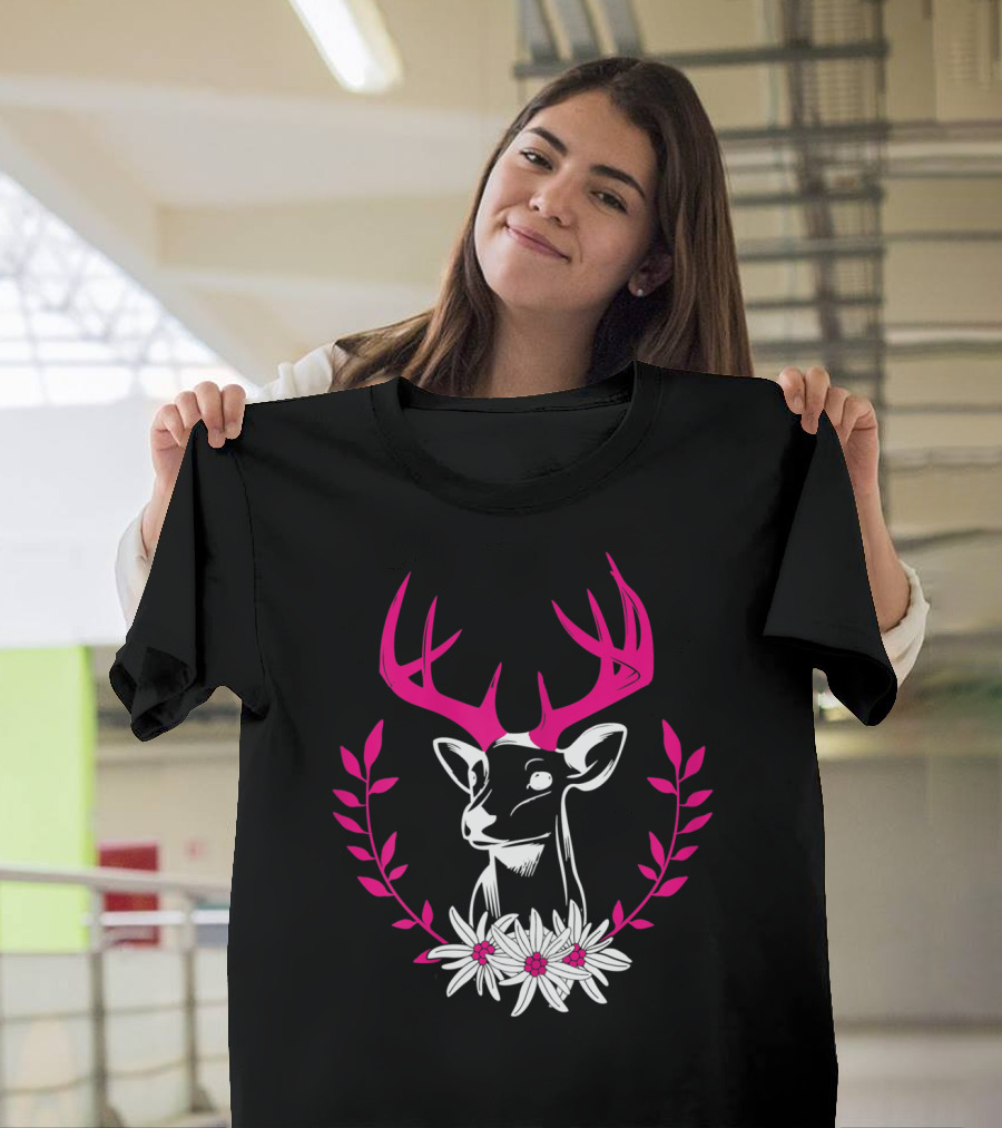 Damen Hirschkopf Edelweiß Oktoberfest Frauen Rosa Geweih Mit Blumenkranz T-Shirt